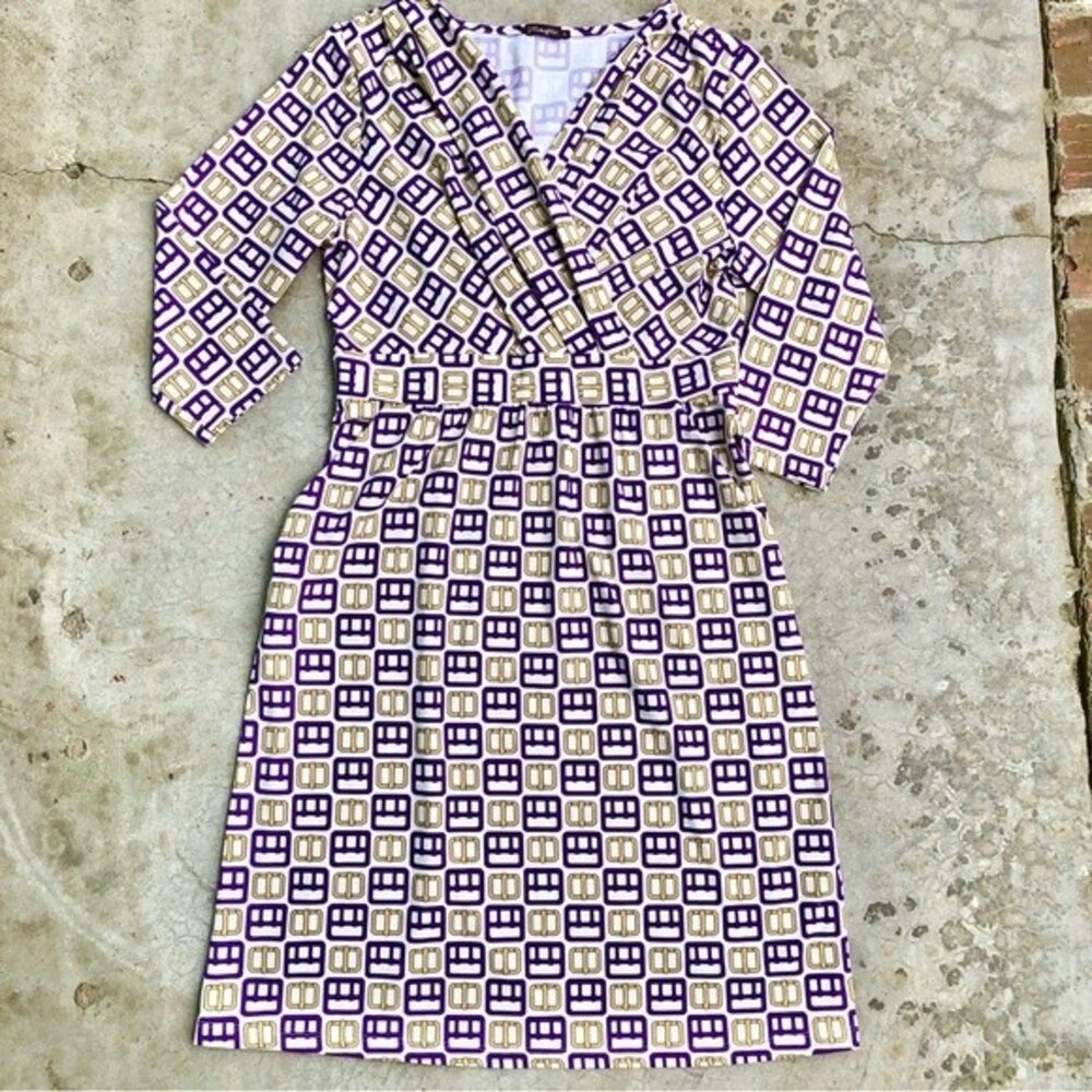 J J. McLaughlin Faux Wrap Dress Surplice V-Neck Belt Printed Purple Yellow S
